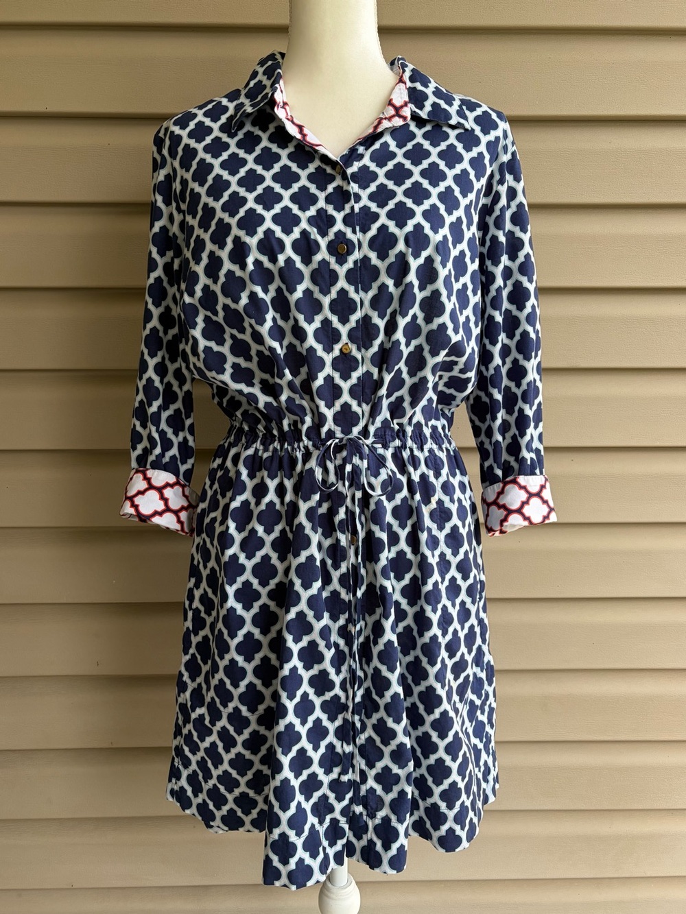 •Lands’ End• Navy/White Quatrefoil Cotton Shirt Dress Size Large 14-16